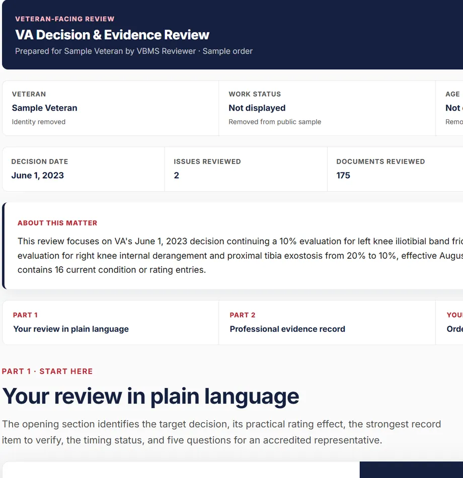 Anonymized public VA Decision and Evidence Review sample